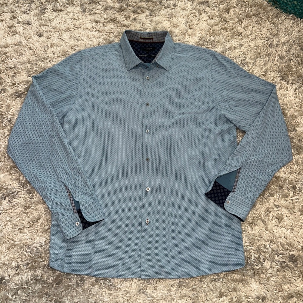 Ted Baker London Mens Blue Geometric Diamond Print Button Down Shirt Size 6 XL